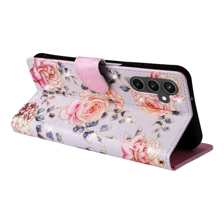 Para Samsung Galaxy S23 FE Case PU Leather Lacquered Flower Stand Wallet Phone Cover - Rose Flower