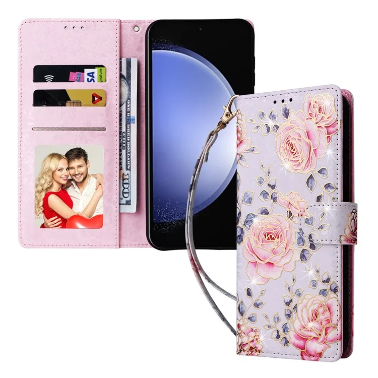 Para Samsung Galaxy S23 FE Case PU Leather Lacquered Flower Stand Wallet Phone Cover - Rose Flower