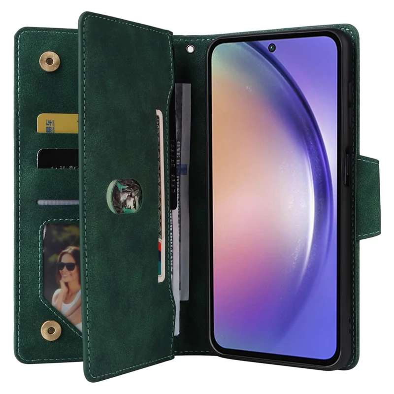 Para Samsung Galaxy A55 5G Zipper Wallet Case Rivet Decor Leather Flip Phone Cover - Verde