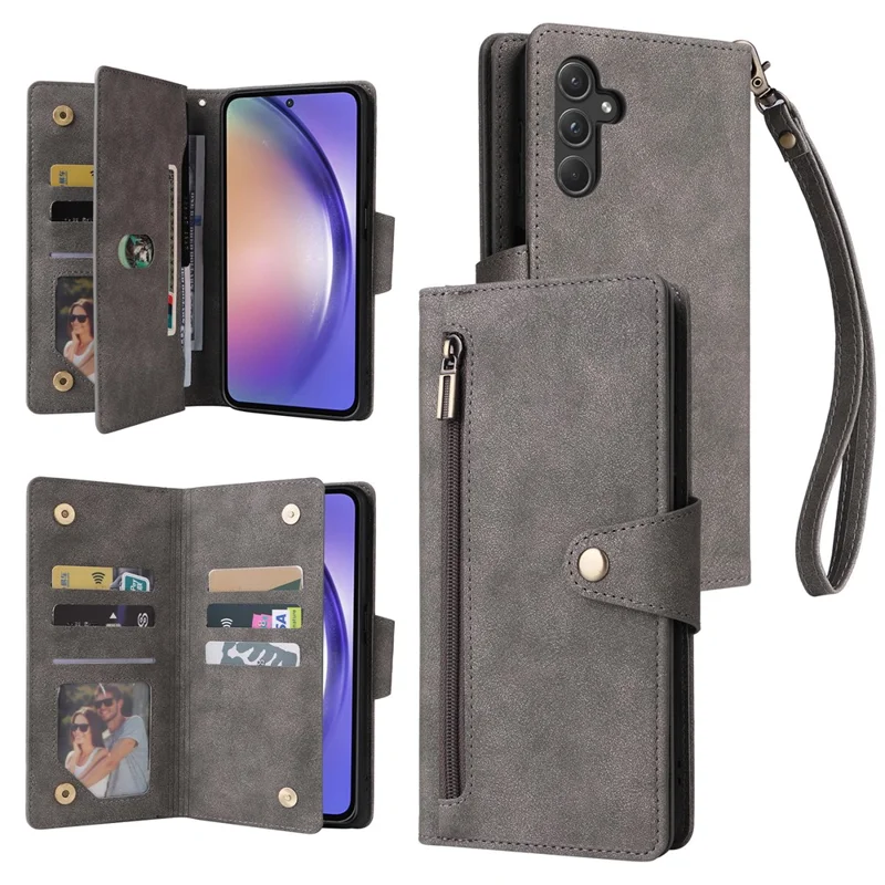 For Samsung Galaxy A55 5G Zipper Wallet Case Rivet Decor Leather Flip Phone Cover - Grey
