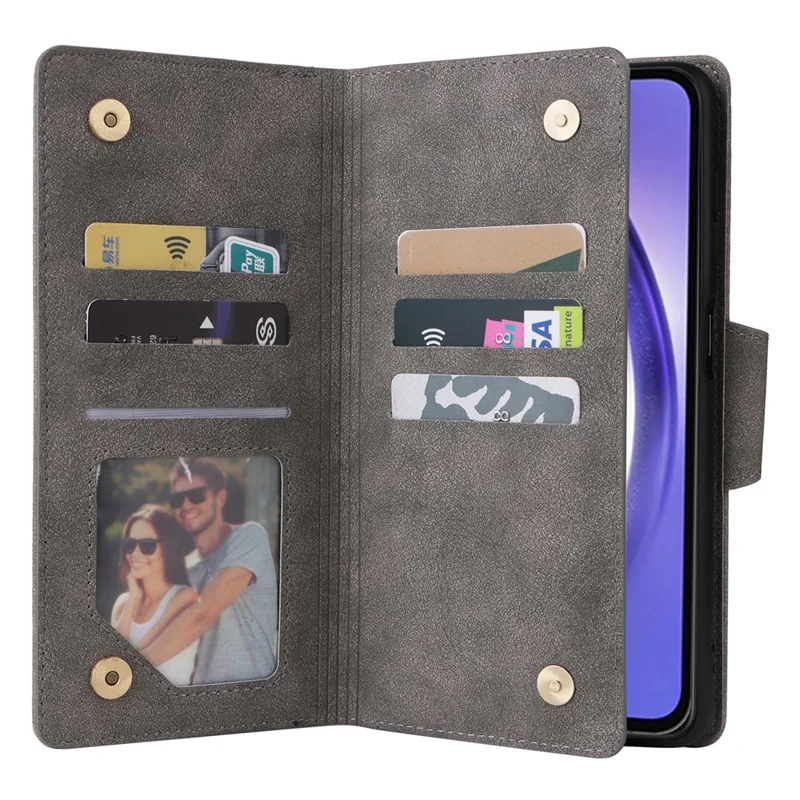 For Samsung Galaxy A55 5G Zipper Wallet Case Rivet Decor Leather Flip Phone Cover - Grey