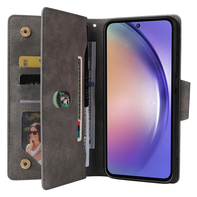 For Samsung Galaxy A55 5G Zipper Wallet Case Rivet Decor Leather Flip Phone Cover - Grey