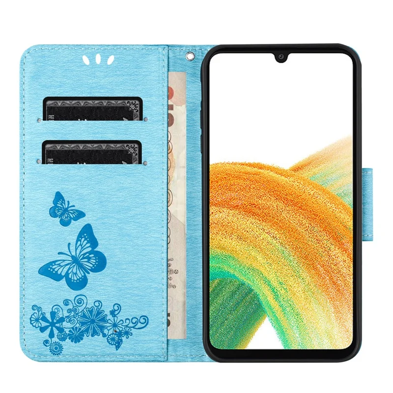 For Samsung Galaxy A55 5G Case Butterflies Flower Leather Wallet Flip Phone Cover - Blue