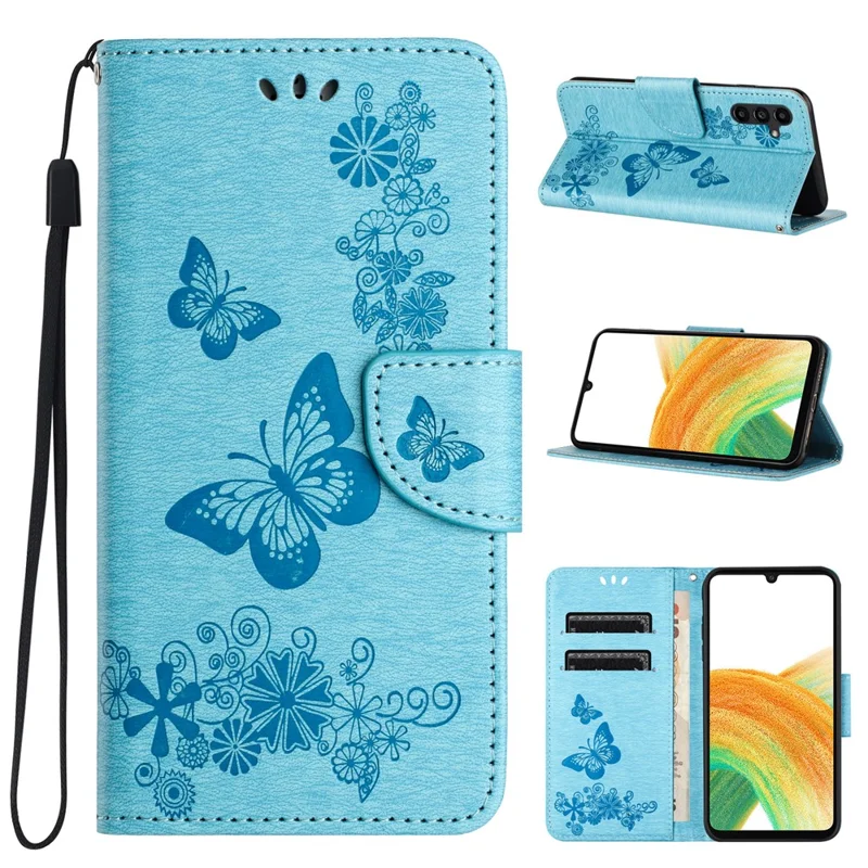 For Samsung Galaxy A55 5G Case Butterflies Flower Leather Wallet Flip Phone Cover - Blue