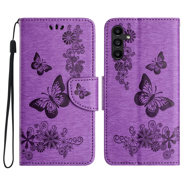 Para Samsung Galaxy A35 5G Funda Mariposas Flor Soporte Plegable Funda de Cuero PU - Púrpura