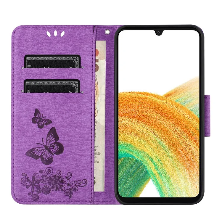 Para Samsung Galaxy A35 5G Funda Mariposas Flor Soporte Plegable Funda de Cuero PU - Púrpura