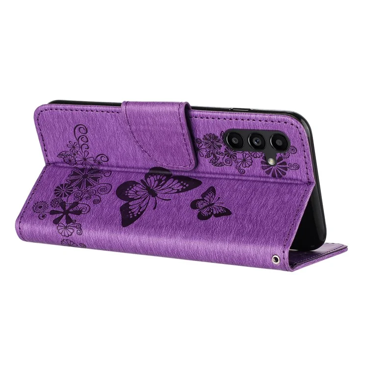 Para Samsung Galaxy A35 5G Funda Mariposas Flor Soporte Plegable Funda de Cuero PU - Púrpura
