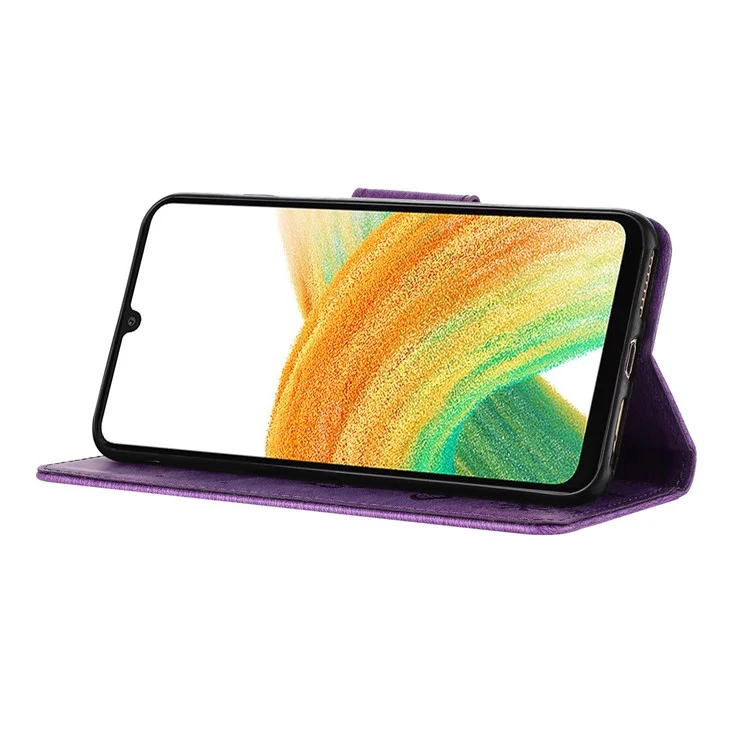 Para Samsung Galaxy A35 5G Funda Mariposas Flor Soporte Plegable Funda de Cuero PU - Púrpura