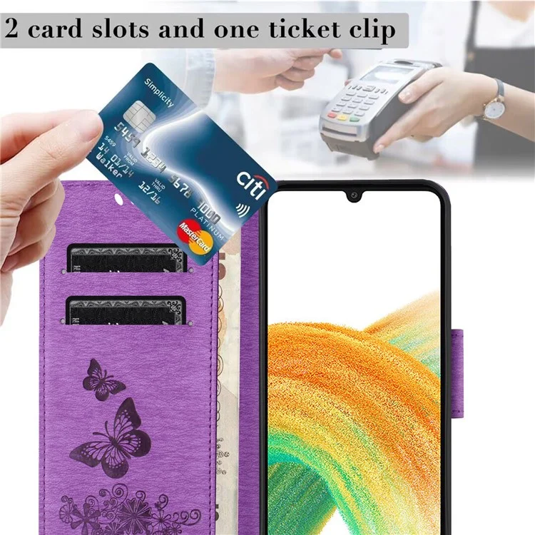 Para Samsung Galaxy A35 5G Funda Mariposas Flor Soporte Plegable Funda de Cuero PU - Púrpura