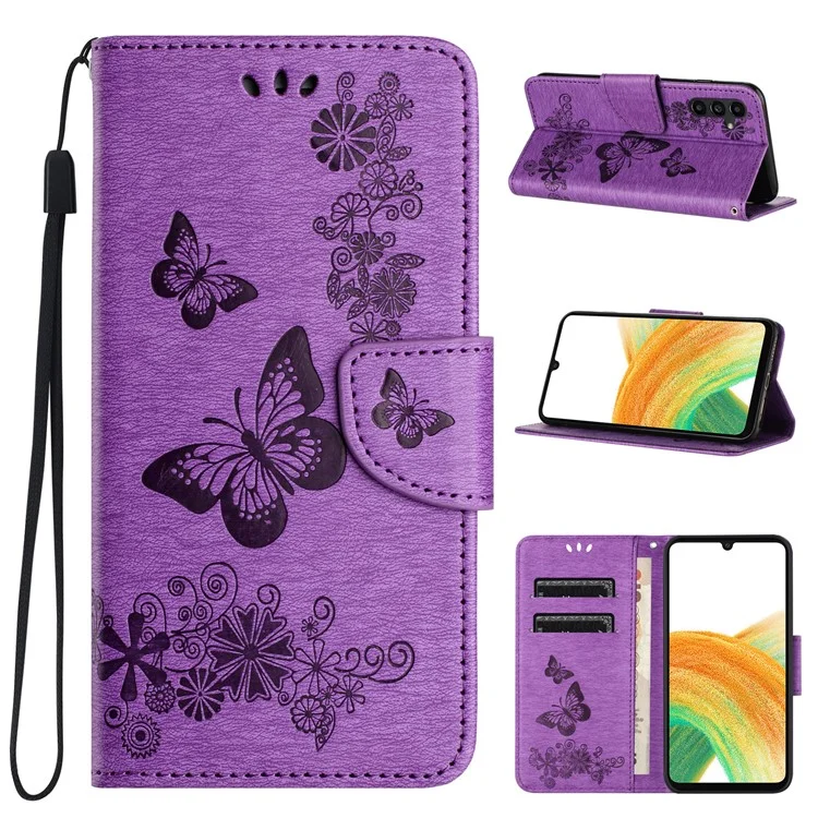 Para Samsung Galaxy A35 5G Funda Mariposas Flor Soporte Plegable Funda de Cuero PU - Púrpura