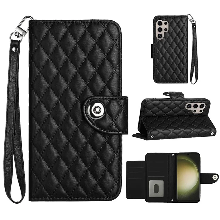 For Samsung Galaxy S24 Ultra Leather Case Phone Stand Cover with 7 Card Slots and Hand Strap - Black