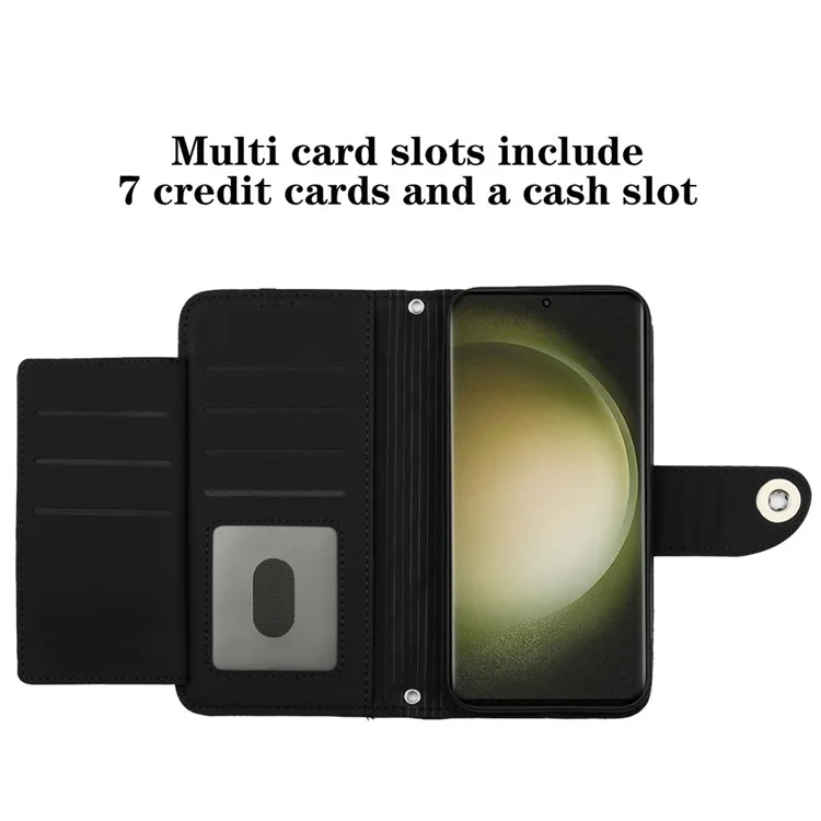 For Samsung Galaxy S24 Ultra Leather Case Phone Stand Cover with 7 Card Slots and Hand Strap - Black