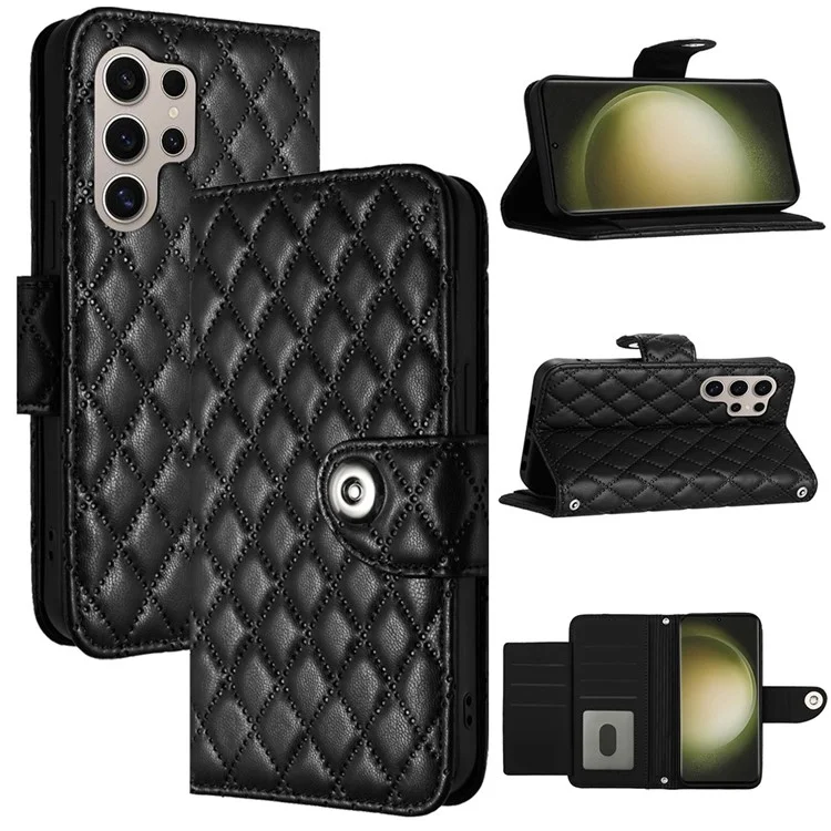 For Samsung Galaxy S24 Ultra Leather Case Phone Stand Cover with 7 Card Slots and Hand Strap - Black