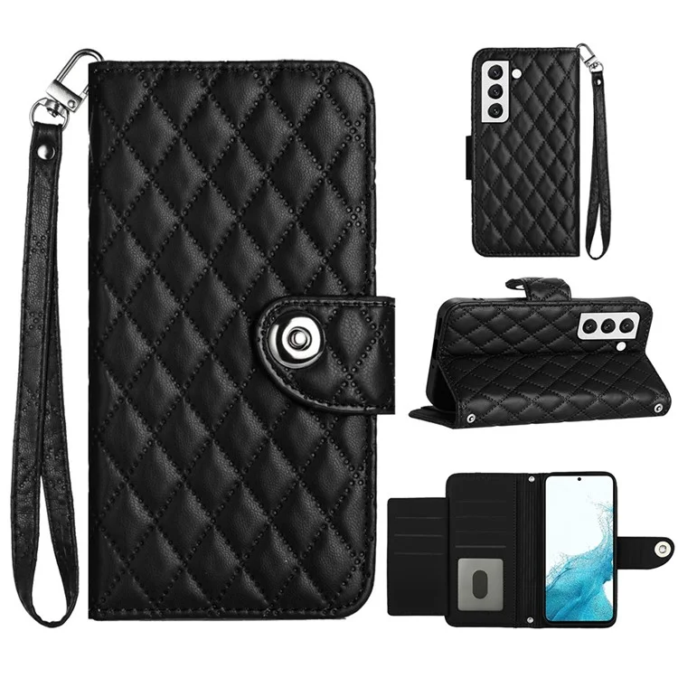 For Samsung Galaxy S22+ 5G Leather Case Phone Stand Cover with 7 Card Slots and Hand Strap - Black
