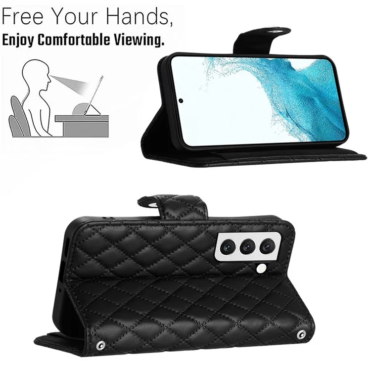 For Samsung Galaxy S22+ 5G Leather Case Phone Stand Cover with 7 Card Slots and Hand Strap - Black