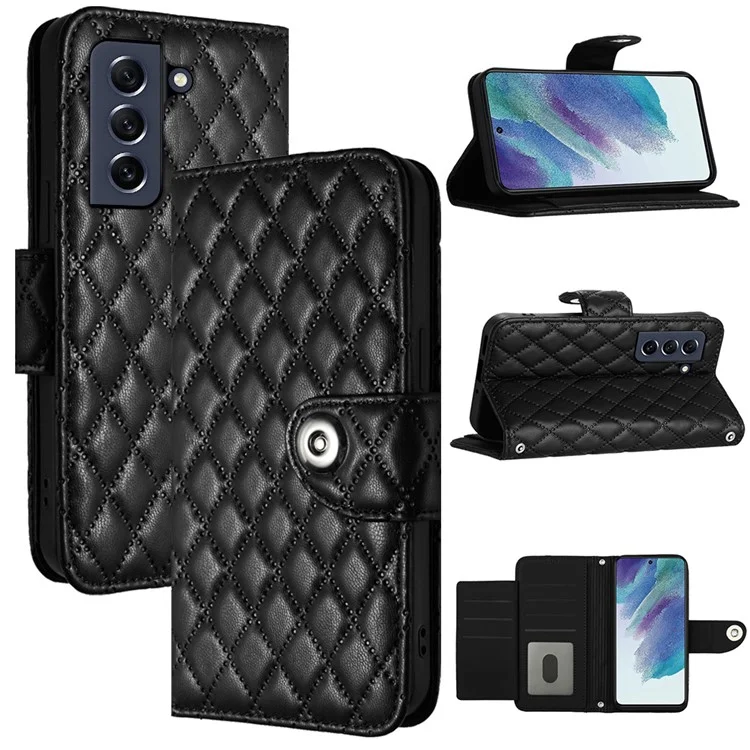 YB Imprinting Series-8 for Samsung Galaxy S21 FE 5G Case 7-Card Slots Leather Phone Cover - Black