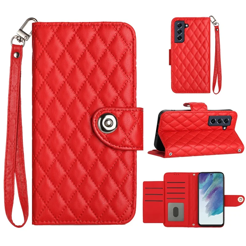 For Samsung Galaxy S21 FE 5G Leather Case Phone Stand Cover with 7 Card Slots and Hand Strap - Red