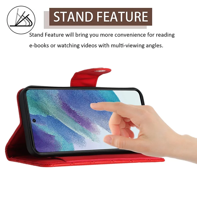 For Samsung Galaxy S21 FE 5G Leather Case Phone Stand Cover with 7 Card Slots and Hand Strap - Red