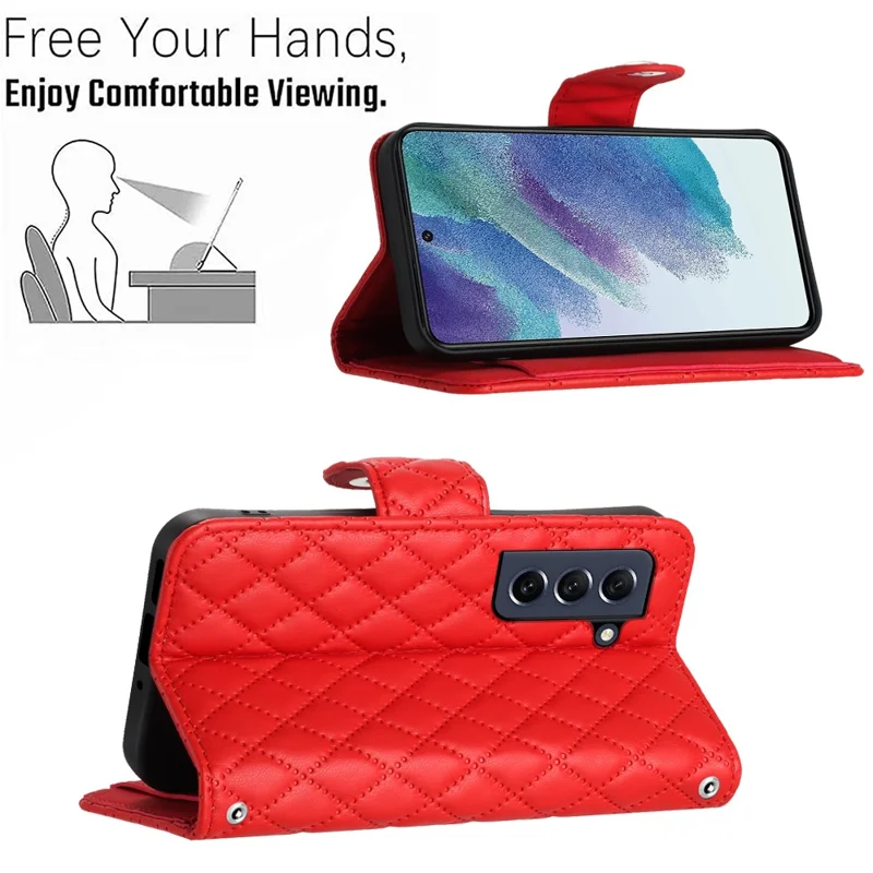 For Samsung Galaxy S21 FE 5G Leather Case Phone Stand Cover with 7 Card Slots and Hand Strap - Red