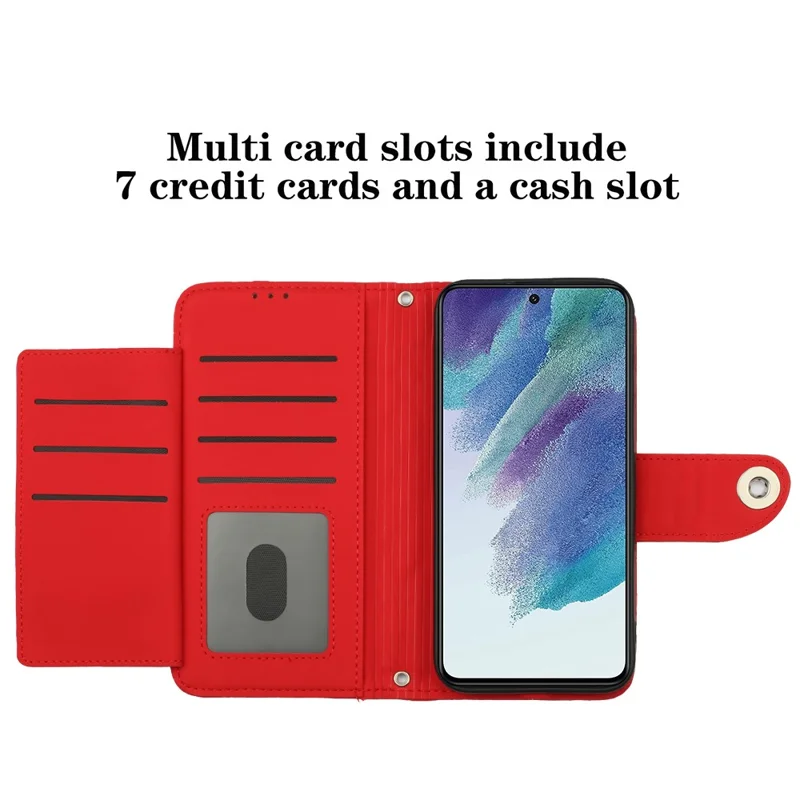 For Samsung Galaxy S21 FE 5G Leather Case Phone Stand Cover with 7 Card Slots and Hand Strap - Red