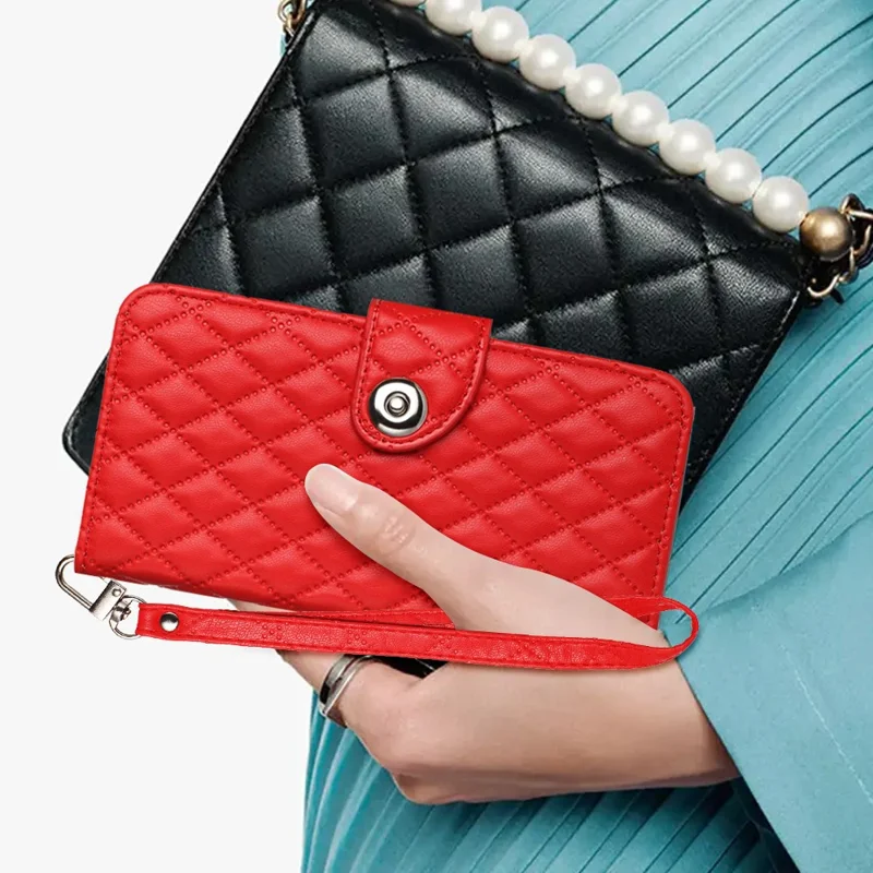 For Samsung Galaxy S21 FE 5G Leather Case Phone Stand Cover with 7 Card Slots and Hand Strap - Red