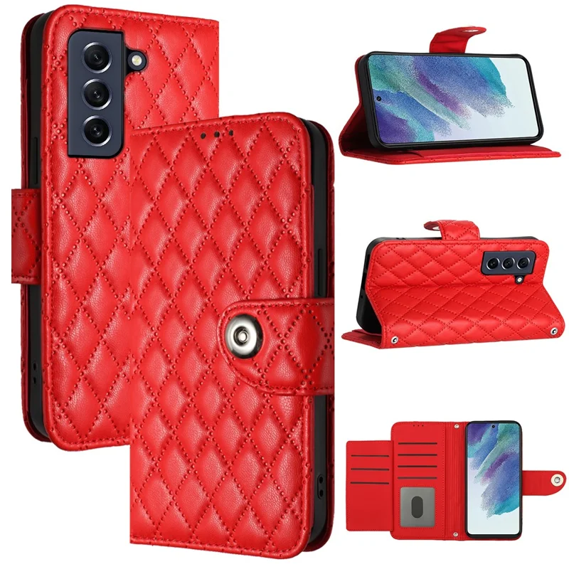 For Samsung Galaxy S21 FE 5G Leather Case Phone Stand Cover with 7 Card Slots and Hand Strap - Red