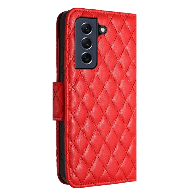 For Samsung Galaxy S21 FE 5G Leather Case Phone Stand Cover with 7 Card Slots and Hand Strap - Red