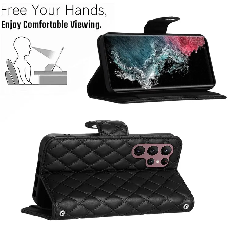 Série d'impression YB-8 pour Samsung Galaxy S22 Ultra 5G Étui en cuir Housse de téléphone avec 7 fentes pour cartes - Noir