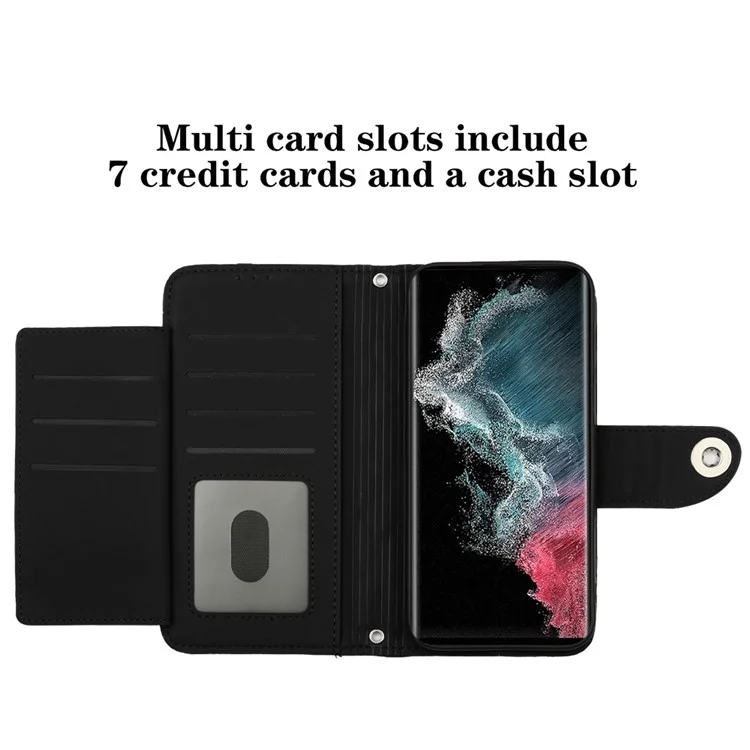 Série d'impression YB-8 pour Samsung Galaxy S22 Ultra 5G Étui en cuir Housse de téléphone avec 7 fentes pour cartes - Noir