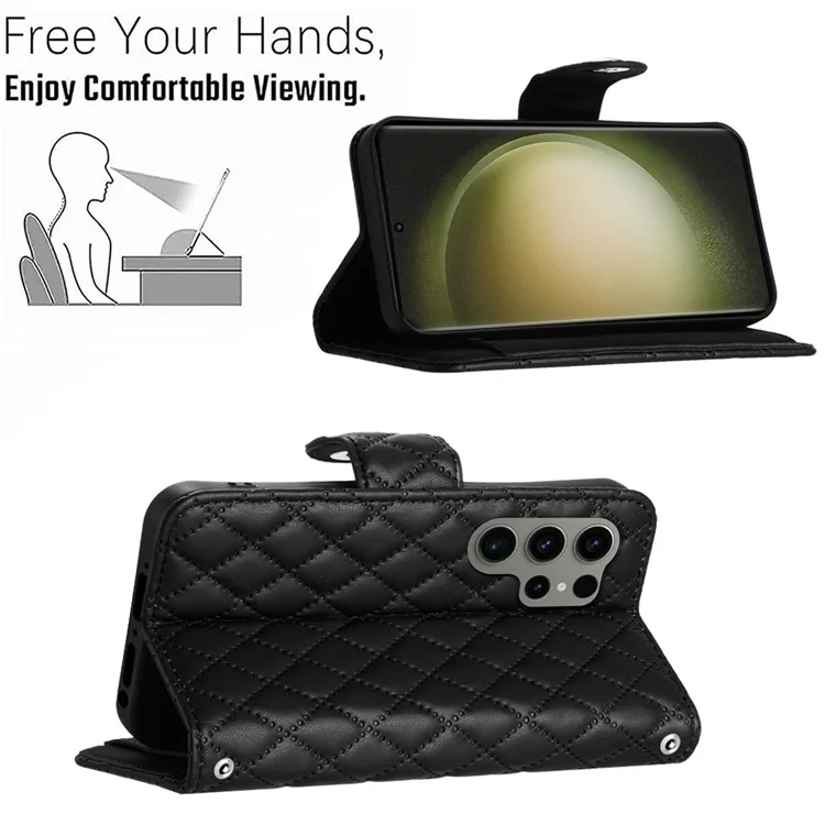 For Samsung Galaxy S23 Ultra Leather Case Phone Stand Cover with 7 Card Slots and Hand Strap - Black