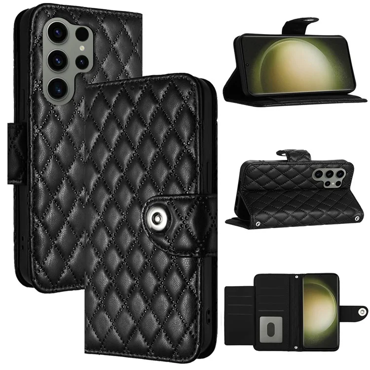 For Samsung Galaxy S23 Ultra Leather Case Phone Stand Cover with 7 Card Slots and Hand Strap - Black