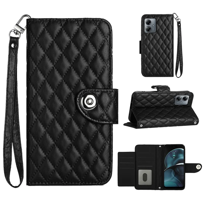 For Motorola Moto G14 4G Leather Case Phone Stand Cover with 7 Card Slots and Hand Strap - Black