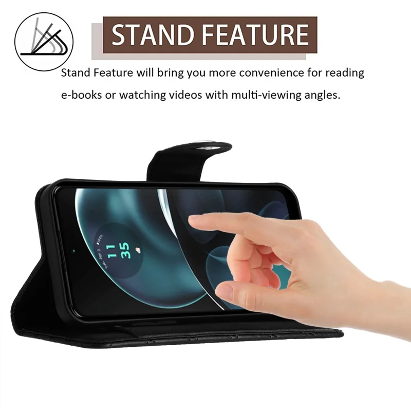 For Motorola Moto G14 4G Leather Case Phone Stand Cover with 7 Card Slots and Hand Strap - Black