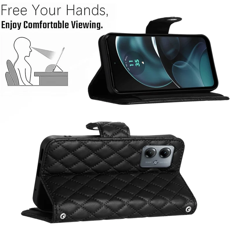 For Motorola Moto G14 4G Leather Case Phone Stand Cover with 7 Card Slots and Hand Strap - Black