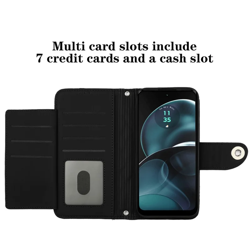For Motorola Moto G14 4G Leather Case Phone Stand Cover with 7 Card Slots and Hand Strap - Black