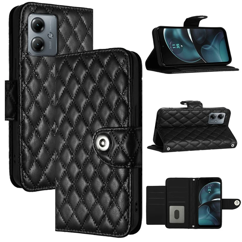 For Motorola Moto G14 4G Leather Case Phone Stand Cover with 7 Card Slots and Hand Strap - Black