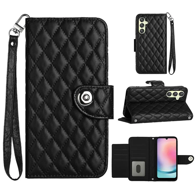 For Samsung Galaxy A24 4G (162.1 x 77.6 x 8.3mm) Leather Case Phone Stand Cover with 7 Card Slots and Hand Strap - Black