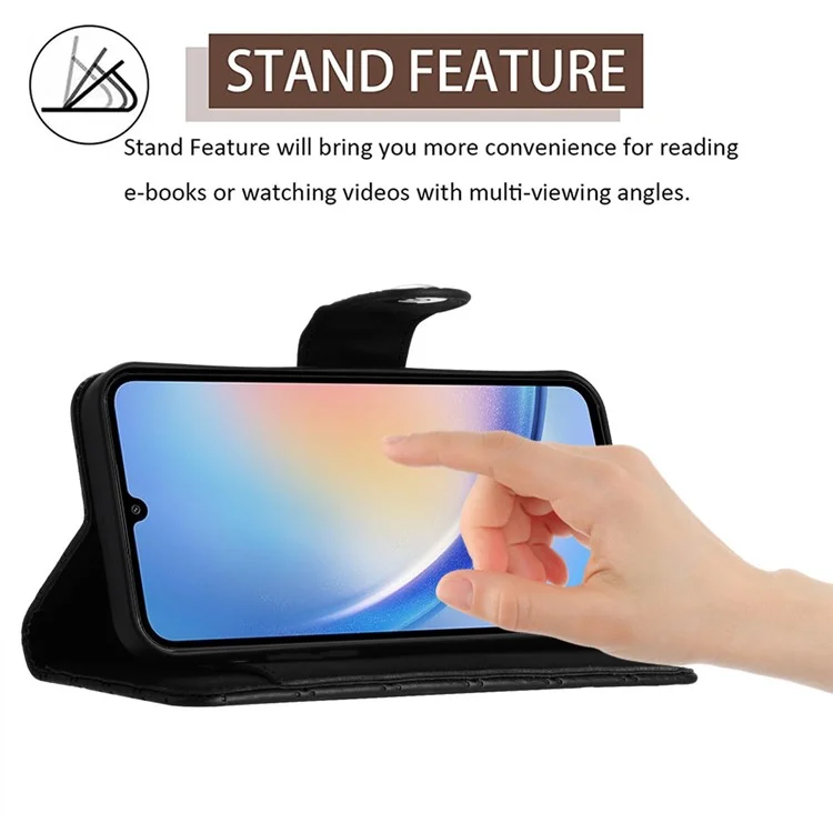 For Samsung Galaxy A24 4G (162.1 x 77.6 x 8.3mm) Leather Case Phone Stand Cover with 7 Card Slots and Hand Strap - Black