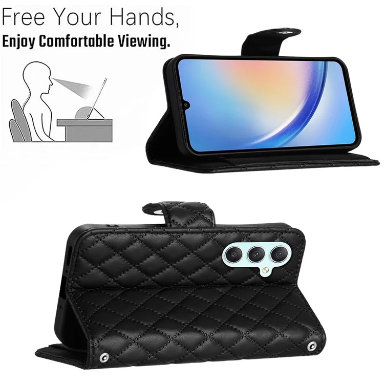 For Samsung Galaxy A24 4G (162.1 x 77.6 x 8.3mm) Leather Case Phone Stand Cover with 7 Card Slots and Hand Strap - Black