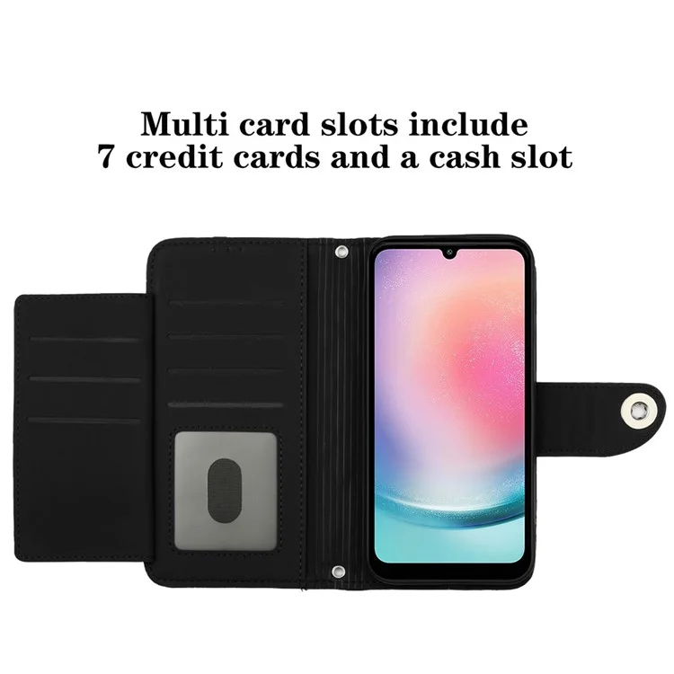 For Samsung Galaxy A24 4G (162.1 x 77.6 x 8.3mm) Leather Case Phone Stand Cover with 7 Card Slots and Hand Strap - Black