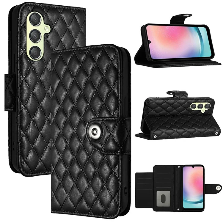 For Samsung Galaxy A24 4G (162.1 x 77.6 x 8.3mm) Leather Case Phone Stand Cover with 7 Card Slots and Hand Strap - Black