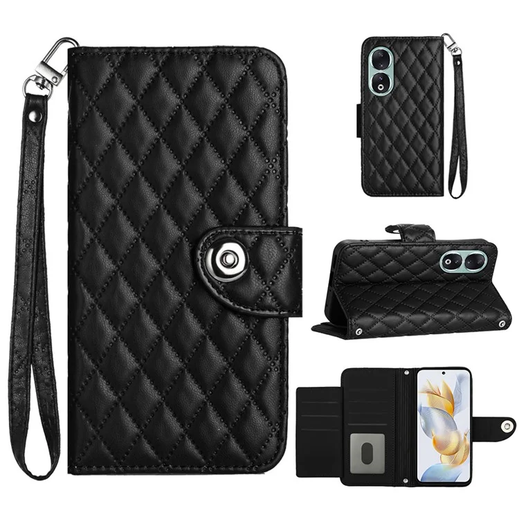 For Honor 90 Leather Case Phone Stand Cover with 7 Card Slots and Hand Strap - Black