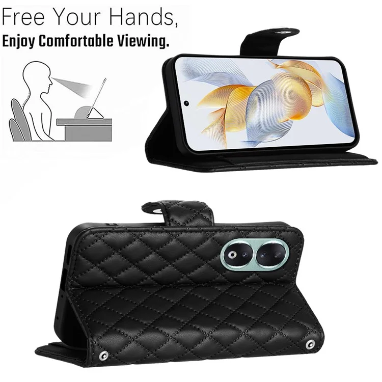 For Honor 90 Leather Case Phone Stand Cover with 7 Card Slots and Hand Strap - Black