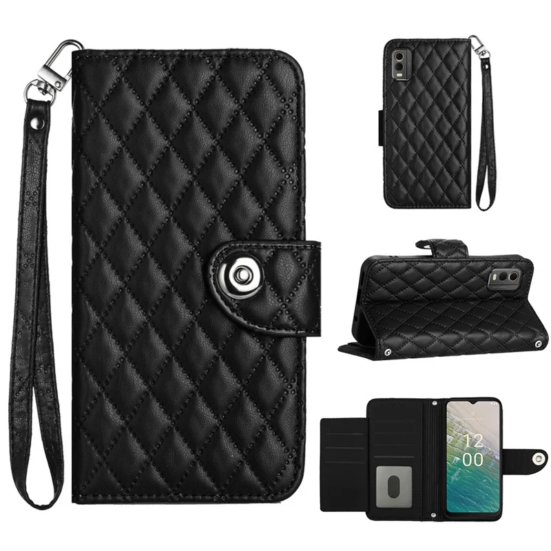 For Nokia C32 Leather Case Phone Stand Cover with 7 Card Slots and Hand Strap - Black