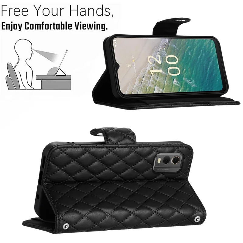 For Nokia C32 Leather Case Phone Stand Cover with 7 Card Slots and Hand Strap - Black