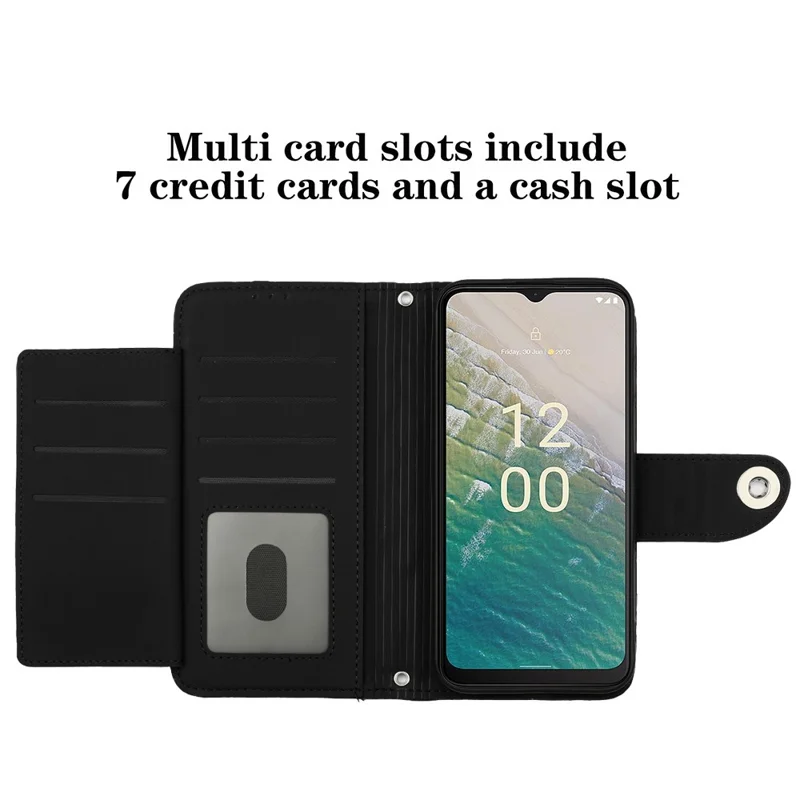 For Nokia C32 Leather Case Phone Stand Cover with 7 Card Slots and Hand Strap - Black