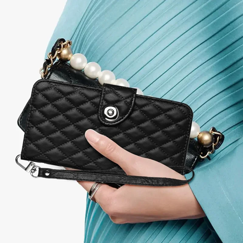 For Nokia C32 Leather Case Phone Stand Cover with 7 Card Slots and Hand Strap - Black