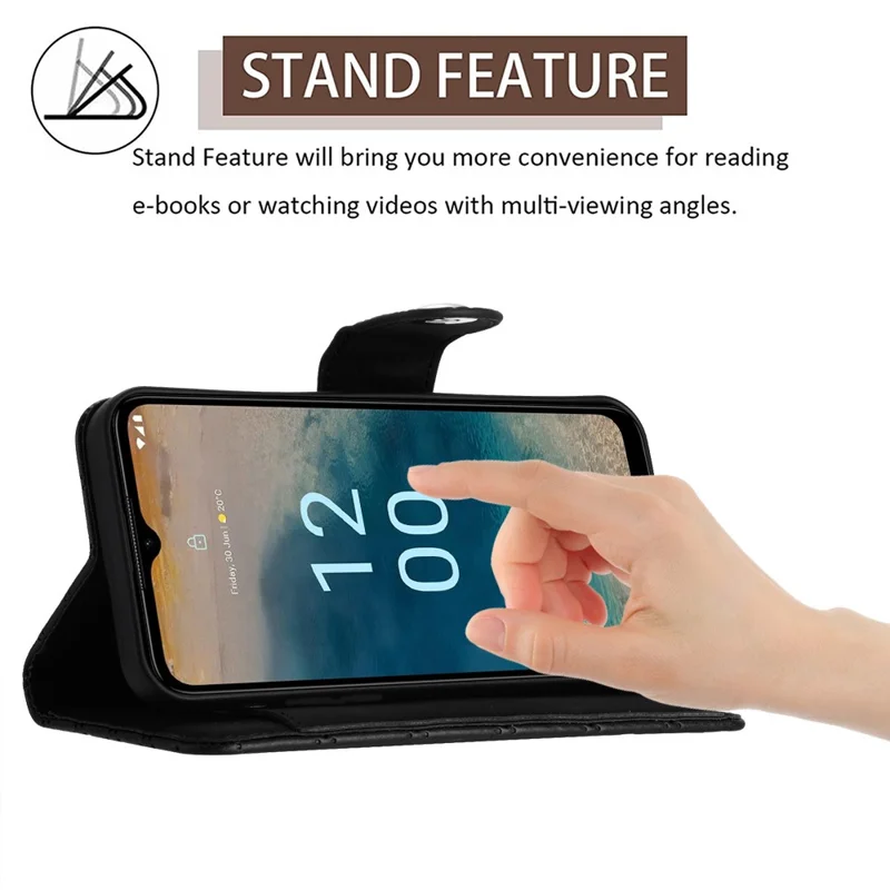 For Nokia G22 Leather Case Phone Stand Cover with 7 Card Slots and Hand Strap - Black