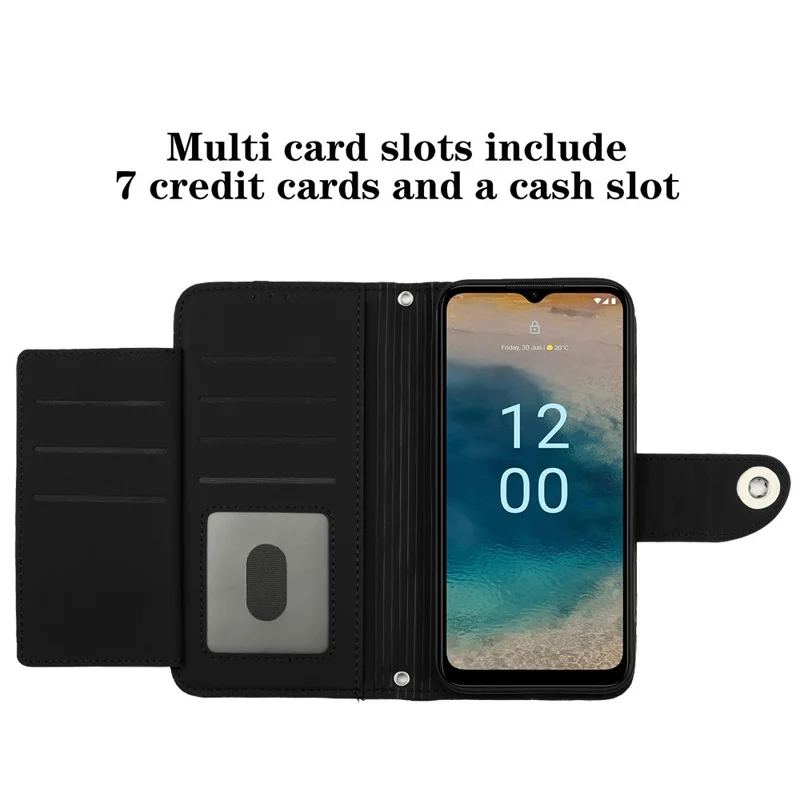 For Nokia G22 Leather Case Phone Stand Cover with 7 Card Slots and Hand Strap - Black