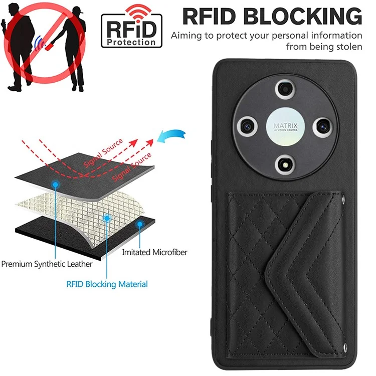 YB Leather Coating Series-8 For Honor X9b 5G / Magic6 Lite 5G Kickstand Case RFID Blocking Card Slots Phone Cover - Black